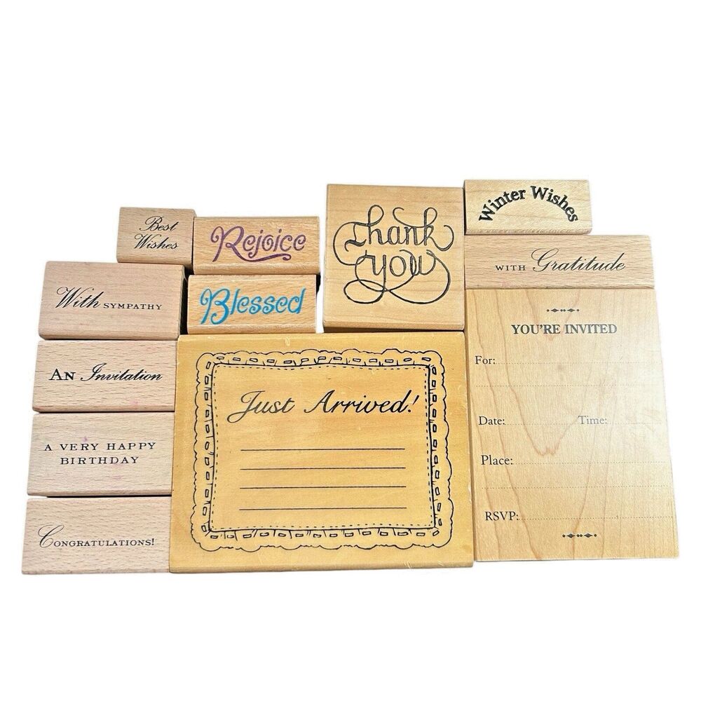 Lot of 12 Wood Mounted Rubber Stamps-Script-Invitation-Sympathy-Thank-Winter-Ble